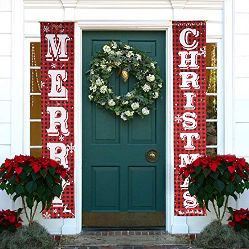 O-Heart Merry Christmas Banner Holiday Xmas Porch Banner Buffalo Plaid Sign Hanging Christmas Decoration Indoor Outdoor for Home Wall Front Door Apartment Party Mantle, Fireplace, Window Wall