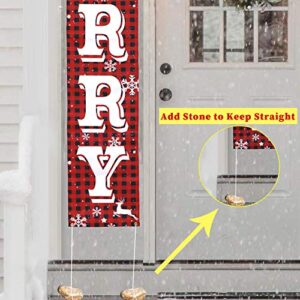 O-Heart Merry Christmas Banner Holiday Xmas Porch Banner Buffalo Plaid Sign Hanging Christmas Decoration Indoor Outdoor for Home Wall Front Door Apartment Party Mantle, Fireplace, Window Wall