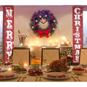 O-Heart Merry Christmas Banner Holiday Xmas Porch Banner Buffalo Plaid Sign Hanging Christmas Decoration Indoor Outdoor for Home Wall Front Door Apartment Party Mantle, Fireplace, Window Wall