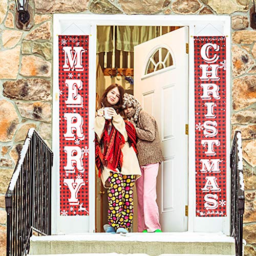 O-Heart Merry Christmas Banner Holiday Xmas Porch Banner Buffalo Plaid Sign Hanging Christmas Decoration Indoor Outdoor for Home Wall Front Door Apartment Party Mantle, Fireplace, Window Wall