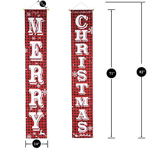 O-Heart Merry Christmas Banner Holiday Xmas Porch Banner Buffalo Plaid Sign Hanging Christmas Decoration Indoor Outdoor for Home Wall Front Door Apartment Party Mantle, Fireplace, Window Wall