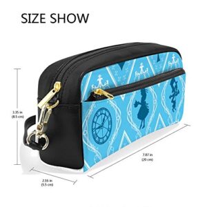 Kuizee Pencil Case Pouch Pen Bag Pen Case ﻿Wonderland Blue Small Students Stationery Pouch Zipper Bag School Office PU Leather 8 Inch