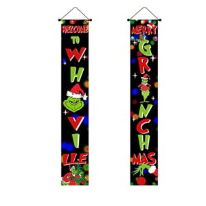 christmas porch sign christmas decorations – welcome to whoville and merry christmas sign – grich hanging banners porch decorations for front door outside yard garden party supplies