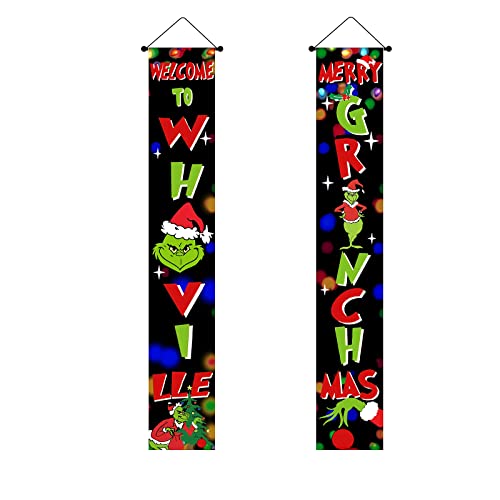 Christmas Porch Sign Christmas Decorations - Welcome to Whoville and Merry Christmas Sign - Grich Hanging Banners Porch Decorations for Front Door Outside Yard Garden Party Supplies