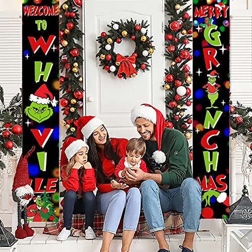 Christmas Porch Sign Christmas Decorations - Welcome to Whoville and Merry Christmas Sign - Grich Hanging Banners Porch Decorations for Front Door Outside Yard Garden Party Supplies