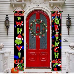 Christmas Porch Sign Christmas Decorations - Welcome to Whoville and Merry Christmas Sign - Grich Hanging Banners Porch Decorations for Front Door Outside Yard Garden Party Supplies