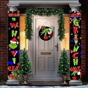 Christmas Porch Sign Christmas Decorations - Welcome to Whoville and Merry Christmas Sign - Grich Hanging Banners Porch Decorations for Front Door Outside Yard Garden Party Supplies