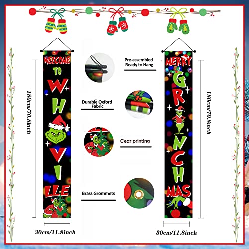 Christmas Porch Sign Christmas Decorations - Welcome to Whoville and Merry Christmas Sign - Grich Hanging Banners Porch Decorations for Front Door Outside Yard Garden Party Supplies