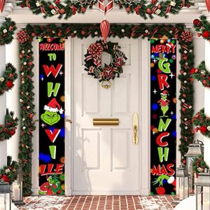 Christmas Porch Sign Christmas Decorations - Welcome to Whoville and Merry Christmas Sign - Grich Hanging Banners Porch Decorations for Front Door Outside Yard Garden Party Supplies