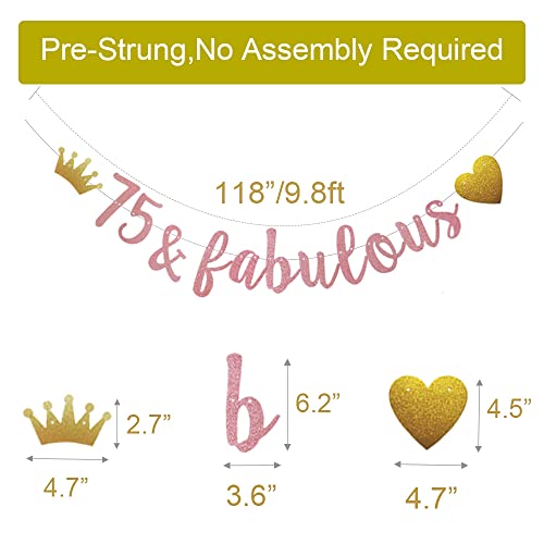 75 & fabulous Banner, Pre-Strung, No Assembly Required, Funny Rose Gold Paper Glitter Party Decorations for 75th Birthday Party Supplies, Letters Rose Gold,ABCpartyland