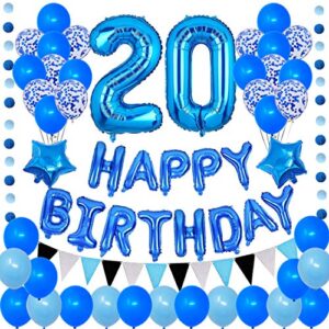 succris 20th blue theme for 20 years old birthday party supplies blue happy birthday banner blue circle dots garland paper hanging triangle flag banner confetti balloons number 20 blue