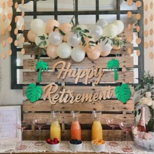 Rose Gold Glitter Happy Retirement Banner & Circle Dots Garland, Retirement Party Decorations for Women , Rose Gold Party Decorations with Tropical, Women Retirement Party Supplies
