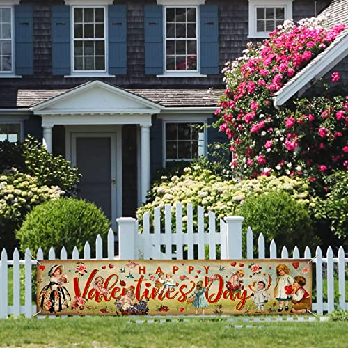 Large Happy Valentine's Day Banner Decorations Vintage Red Heart Valentine's Day Yard Sign Banner for Valentines Themed Party Anniversary Wedding Decor Supplies Indoor Outside