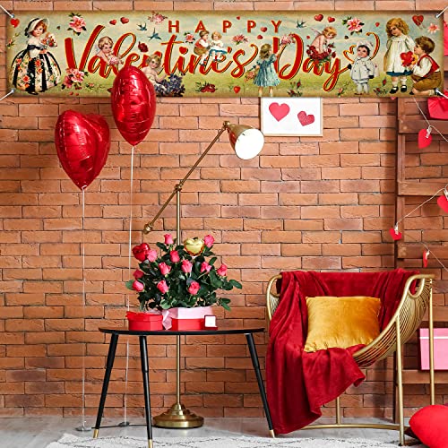 Large Happy Valentine's Day Banner Decorations Vintage Red Heart Valentine's Day Yard Sign Banner for Valentines Themed Party Anniversary Wedding Decor Supplies Indoor Outside