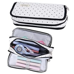 kpalag canvas 3 layers pencil case pen pouch stationery bag office organizer makeup bag for teens adults students and office workers (white/dot)