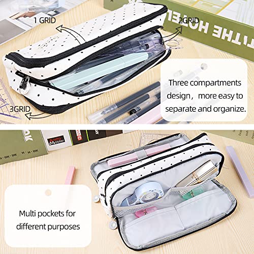 KPALAG canvas 3 layers Pencil Case Pen Pouch Stationery bag Office Organizer makeup bag for Teens Adults Students and office workers (white/dot)