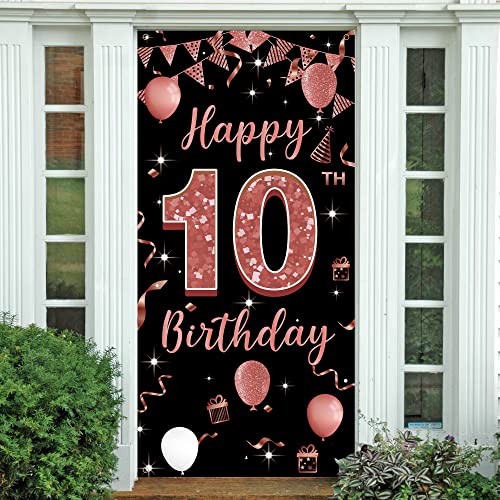 10th Birthday Decorations Backdrop Door Banner, Happy 10th Birthday Decoration for Girl, Black Rose Gold 10 Year Old Birthday Party Door Poster Decoration, Ten Birthday Decor, Fabric 6.1ft x 3ft PHXEY