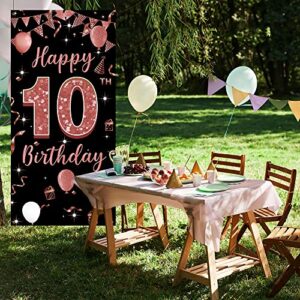 10th Birthday Decorations Backdrop Door Banner, Happy 10th Birthday Decoration for Girl, Black Rose Gold 10 Year Old Birthday Party Door Poster Decoration, Ten Birthday Decor, Fabric 6.1ft x 3ft PHXEY