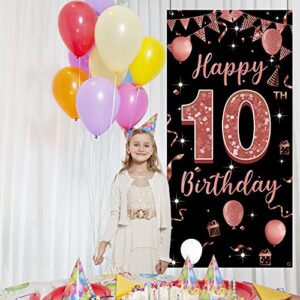 10th Birthday Decorations Backdrop Door Banner, Happy 10th Birthday Decoration for Girl, Black Rose Gold 10 Year Old Birthday Party Door Poster Decoration, Ten Birthday Decor, Fabric 6.1ft x 3ft PHXEY