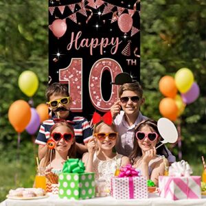 10th Birthday Decorations Backdrop Door Banner, Happy 10th Birthday Decoration for Girl, Black Rose Gold 10 Year Old Birthday Party Door Poster Decoration, Ten Birthday Decor, Fabric 6.1ft x 3ft PHXEY