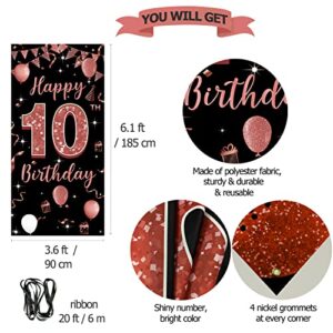 10th Birthday Decorations Backdrop Door Banner, Happy 10th Birthday Decoration for Girl, Black Rose Gold 10 Year Old Birthday Party Door Poster Decoration, Ten Birthday Decor, Fabric 6.1ft x 3ft PHXEY