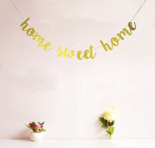 Starsgarden Glitter Gold Home Sweet Home Banner for Housewarming Patriotic Military Decoration Family Party Supplies Cursive Bunting Photo Booth Props Sign(Gold Sweet Home)