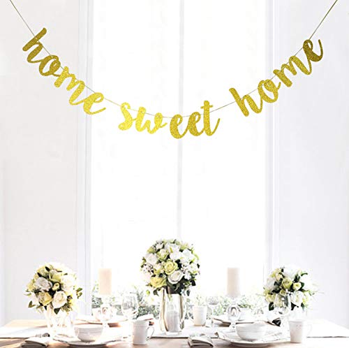 Starsgarden Glitter Gold Home Sweet Home Banner for Housewarming Patriotic Military Decoration Family Party Supplies Cursive Bunting Photo Booth Props Sign(Gold Sweet Home)