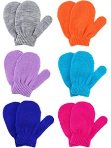 6 pairs winter warm knitted mittens gloves stretch mittens for christmas party kids toddler supplies (gray, orange, purple, royal blue, blue, rosy)