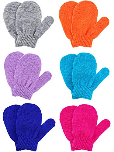 6 Pairs Winter Warm Knitted Mittens Gloves Stretch Mittens for Christmas Party Kids Toddler Supplies (Gray, Orange, Purple, Royal Blue, Blue, Rosy)