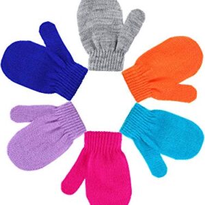 6 Pairs Winter Warm Knitted Mittens Gloves Stretch Mittens for Christmas Party Kids Toddler Supplies (Gray, Orange, Purple, Royal Blue, Blue, Rosy)