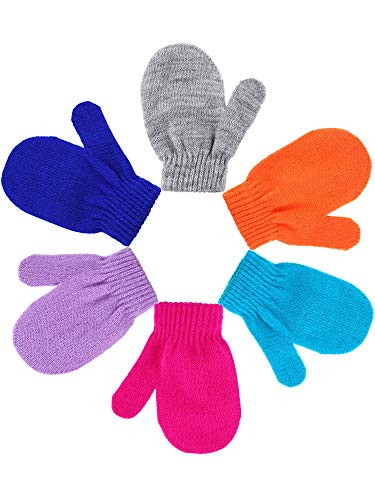 6 Pairs Winter Warm Knitted Mittens Gloves Stretch Mittens for Christmas Party Kids Toddler Supplies (Gray, Orange, Purple, Royal Blue, Blue, Rosy)