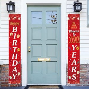 happy 100th birthday porch sign door banner decor red – cheers to 100 years old party theme decorations for men women supplies