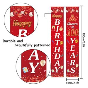 Happy 100th Birthday Porch Sign Door Banner Decor Red – Cheers to 100 Years Old Party Theme Decorations for Men Women Supplies