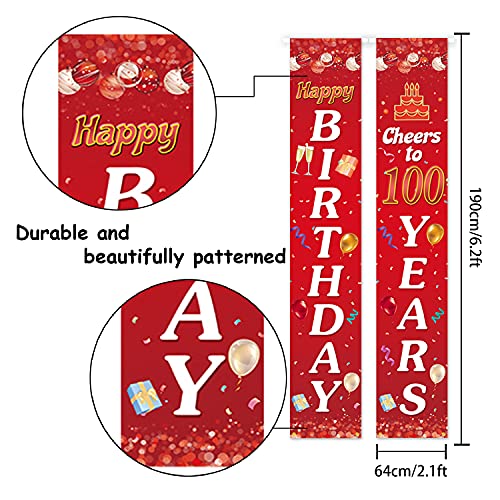 Happy 100th Birthday Porch Sign Door Banner Decor Red – Cheers to 100 Years Old Party Theme Decorations for Men Women Supplies