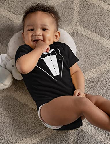 Tuxedo Baby Bodysuit with Bowtie Newborn Boy Printed Tux Suit and Tie Outfits 12M (6-12M) Black