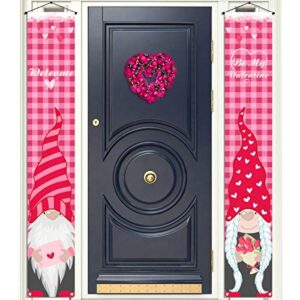 rainlemon welcome be my valentine swedish gnome porch banner, pink buffalo check plaid, valentine’s day front door sign decoration