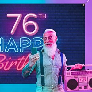 Glow Neon Happy 76th Birthday Backdrop Banner Decor Black – Colorful Glowing 76 Years Old Birthday Party Theme Decorations for Men Women Supplies