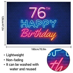 Glow Neon Happy 76th Birthday Backdrop Banner Decor Black – Colorful Glowing 76 Years Old Birthday Party Theme Decorations for Men Women Supplies