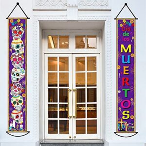 day of the dead decorations banner mexican party dia de los muertos decorations porch sign skull hanging flag fiesta decoration for indoor/outdoor (purple)