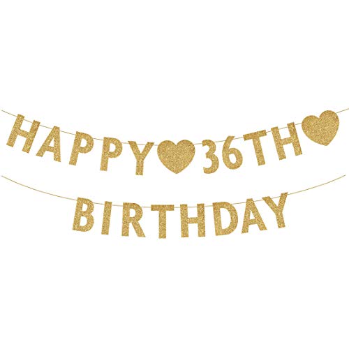 Gold Happy 36th Birthday Banner, Glitter 36 Years Old Woman or Man Party Decorations, Supplies