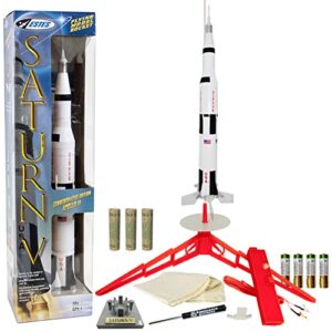 estes saturn v model rocket starter set – includes assembled rocket, launch pad, controller, four aa batteries, recovery wadding, and three engines white