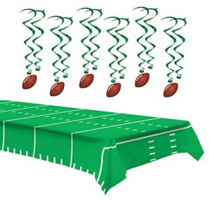 football party supplies – metallic hanging football whirls and green football field table cover with yard lines