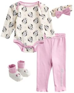 disney baby newborn girls’ layette set – bodysuit, pants, booties, hat: minnie mouse, winnie the pooh, bambi (0-9m), size 6-9 months, minnie mouse