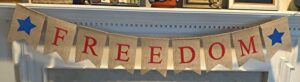 freedom burlap patriotic banner bunting – 4th of july party decoration – memorial day burlap celebration supplies – honor military veterans day garland by jolly jon