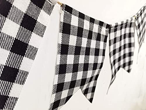 Buffalo Checkered Plaid Banner Cotton Black and White Gingham Bunting Garland for Mantel Fireplace Decorations (4 Pack)