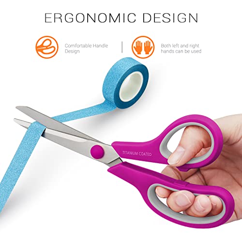 Scissors 8" Multipurpose Scissors Titanium Coated Sturdy Sharp Scissors Right/Left Handed Comfort-Grip Handles for Office Home School Sewing Fabric Craft Supplies 3 Pack