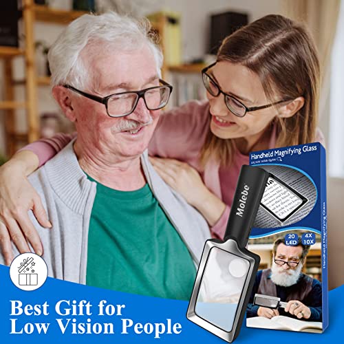 Magnifying Glass with Light, 4X 10X Magnifier with 20 Anti-Glare and Dimmable LED Lights Provides Evenly-Lit Viewing Area for Low Vision Seniors