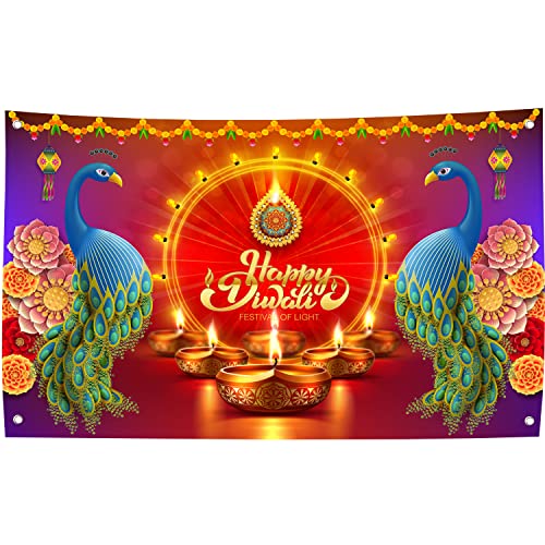 Happy Diwali Banner Backdrop Decorations - Festival of Lights Deepavali Background Decorations Party Banner