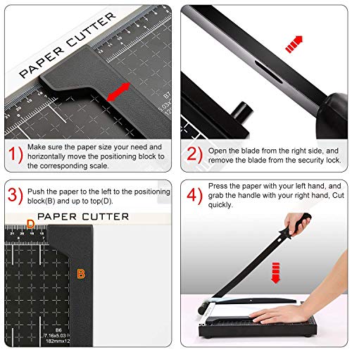 Paper Cutter Heavy Duty A4-B7, 12" Cut Length Guillotine Paper Trimmer for Cardstock Metal Base, with Safety Blade Lock&Dual Guides, 12 Sheets Capacity, for Home Office Classroom School (Black)