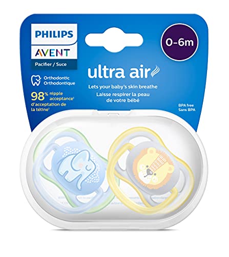 Philips AVENT Ultra Air Pacifier, 0-6 Months, Elephant,Lion, 4 Pack, SCF085/07